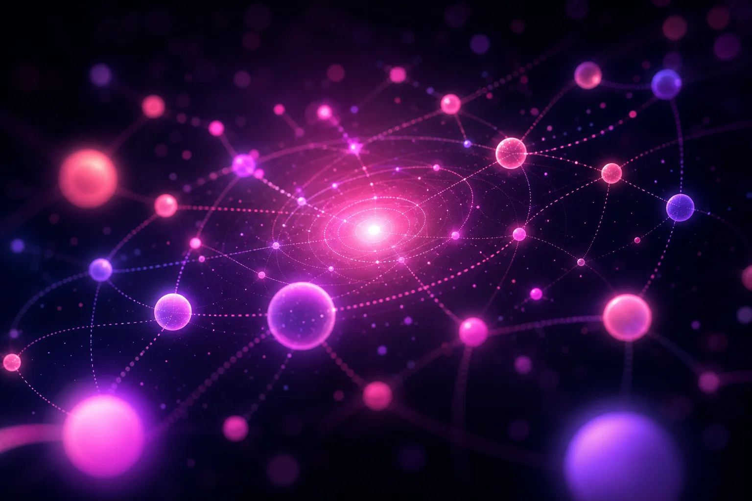 Nœuds d'agent IA connectés en dégradé rose-violet sur fond sombre